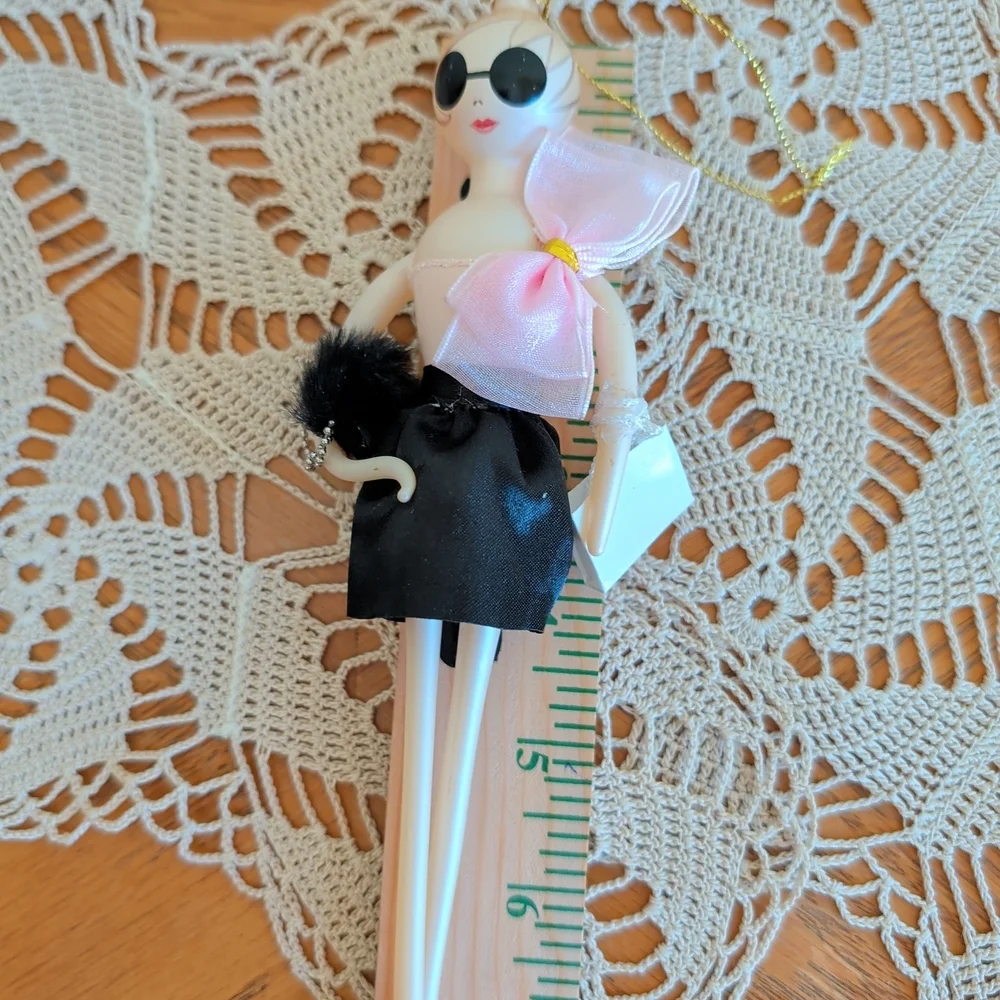 Stylish Doll Keychain with Pink Bow and Black Skirt